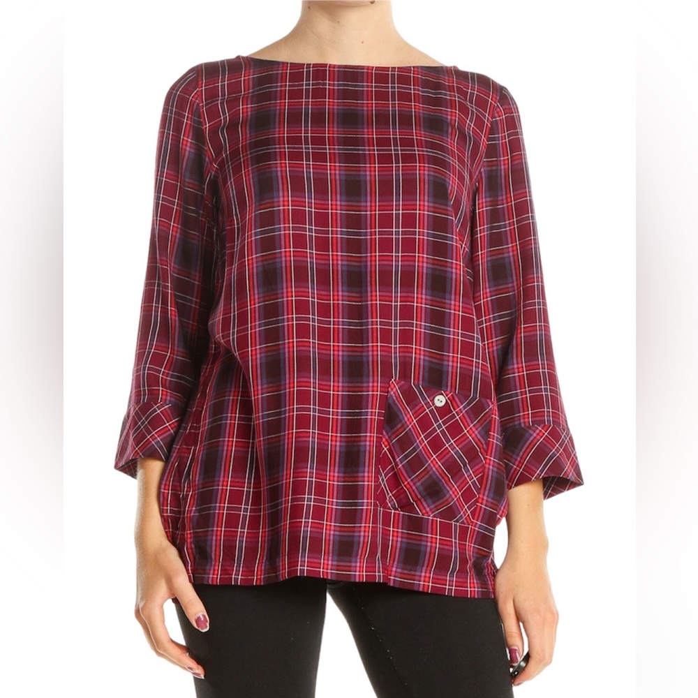 J. Jill Red Purple Plaid 3/4 Sleeve One Pocket Tunic Top Blouse Holiday Large